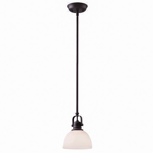 vintage industrial style mini pendant light in oil rubbed bronze with a white shade for a modern farmhouse kitchen