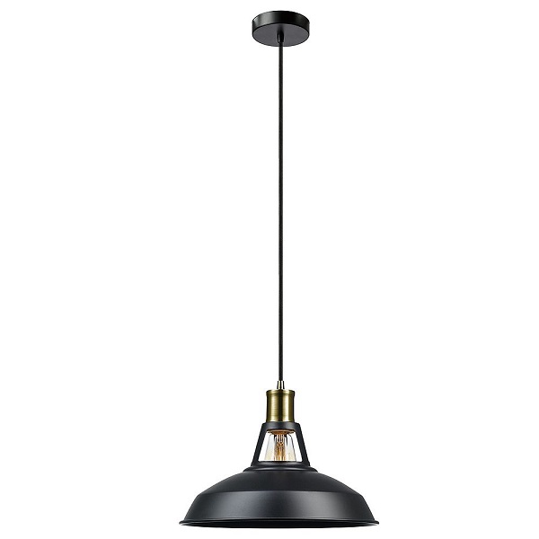 industrial style pendant light with black shade and aged brass detail 