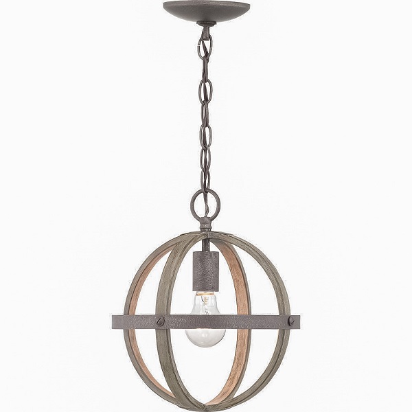 distressed wood and iron coloured metal orb shaped pendant light 
