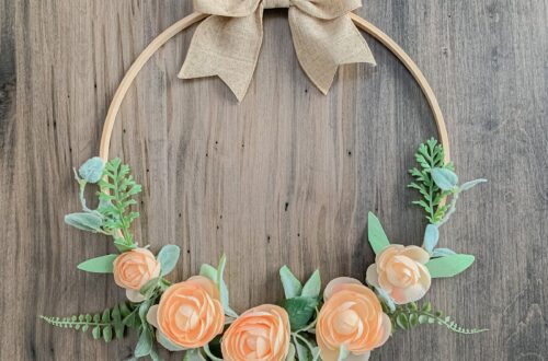 floral embroidery hoop wreath with greenery and peach flowers for spring to summer decor