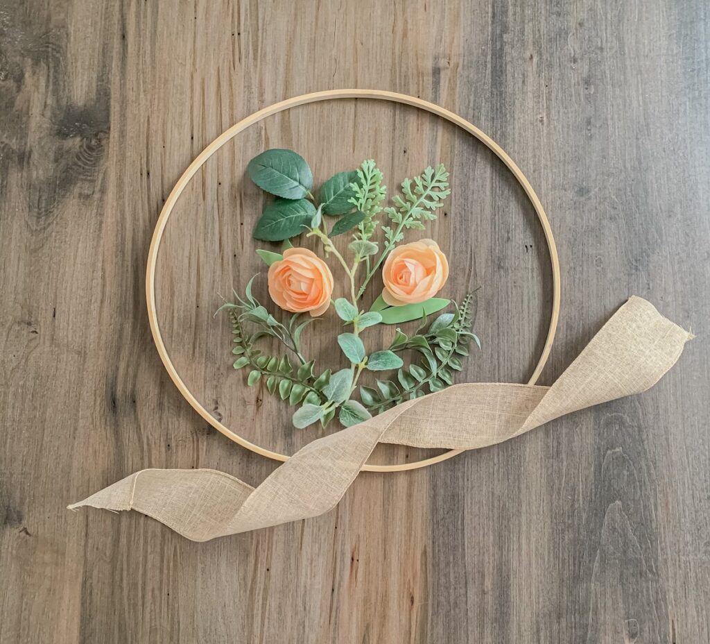 faux greenery and florals, embroidery hoop and ribbon needed to make floral hoop wreath